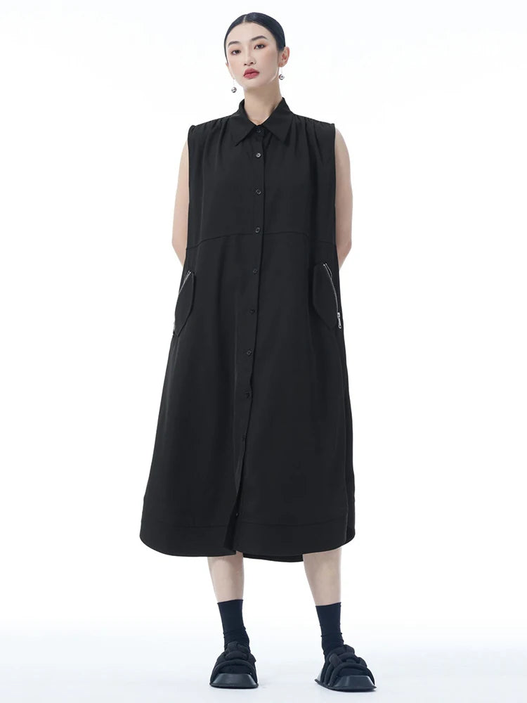 Women Dark Gray Zipper Pocket Big Size Midi Shirt Dress New Lapel Sleeveless Fashion Tide Spring Summer 2025 1DJ0950