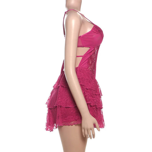 Load image into Gallery viewer, Lace Spaghetti Strap Sexy Mini Dress For Women Fashion Hollow Out Sleeveless Backless High Waist Ruffled Dress Elegant
