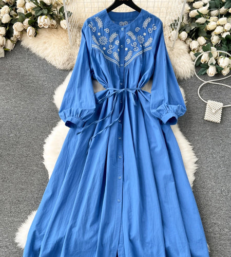 French Vintage Women Autumn Embroidery Elegant Long Sleeve Dress Ladies Round Neck Single Breasted Lace-up Party Dress Bohemian