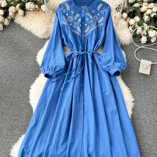 Load image into Gallery viewer, French Vintage Women Autumn Embroidery Elegant Long Sleeve Dress Ladies Round Neck Single Breasted Lace-up Party Dress Bohemian
