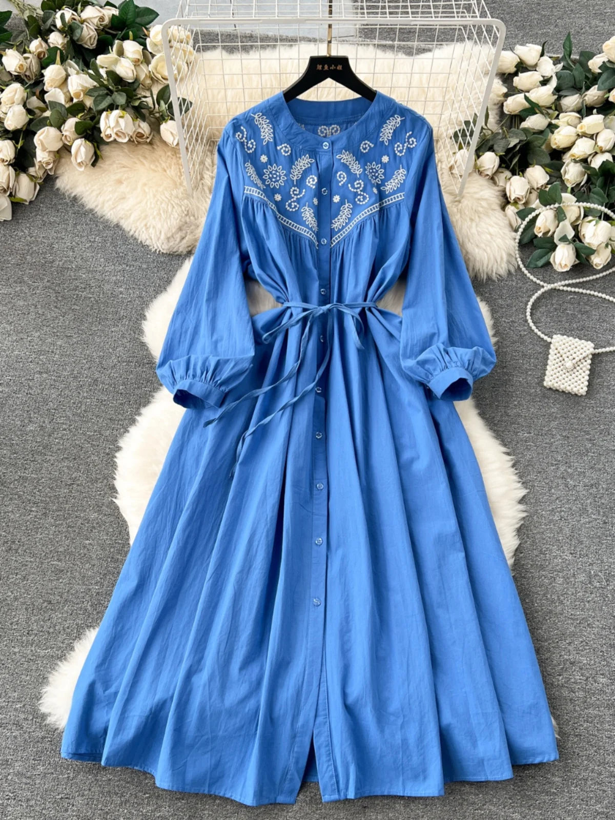 French Vintage Women Autumn Embroidery Elegant Long Sleeve Dress Ladies Round Neck Single Breasted Lace-up Party Dress Bohemian