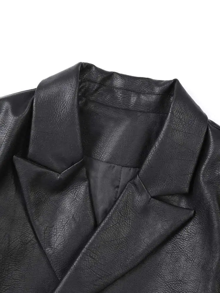 Women Black Pu Leather Big Size Blazer New Lapel Long Sleeve Loose Fit Jacket Fashion Tide Spring Autumn 2025 CPG0476