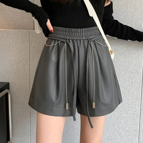 Load image into Gallery viewer, Autumn Winter Black Brown High Waist Drawstring Lace-up Leather Shorts Women&#39;s Korean Version Loose Versatile Casual Short Pant
