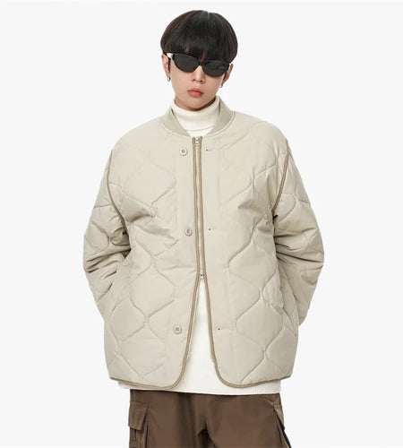 Korean Style Men's Padded Jackets Round Collar Plaid Winter New Trendy Caual Tops Solid Color Loose Male Coat Winter 9C8542