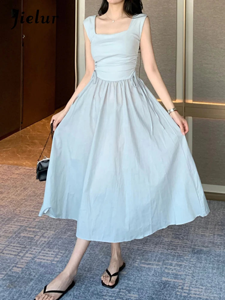 Drawstring Solid Color Chic Women's Dresses Square Neck Sleeveless Elegant Female Tank Dress Casual Streetwear Outfits