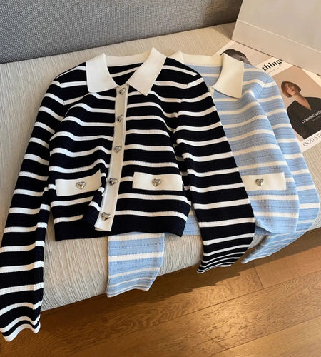 Women Single Breasted Striped Cardigan Jacket O-Neck Long Sleeve Casual Slim Short Knitted Coat for Lady Fall Winter C-215
