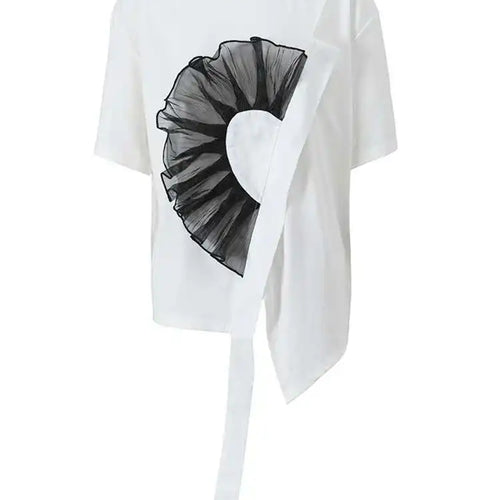 Load image into Gallery viewer, Women White Flower Ruffles Ribbon Big Size T-shirt New Round Neck Short Sleeve Fashion Tide Spring Summer  2025 1DE8699
