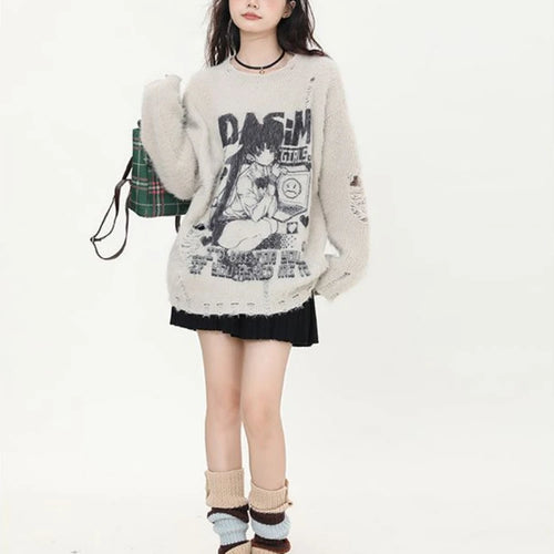 Load image into Gallery viewer, Cartoon Jacquard Japanese Grunge Sweater Women Gothic Vintage Ripped Y2k Aesthetic Jumper Streetwear Oversize Hiphop Pullover
