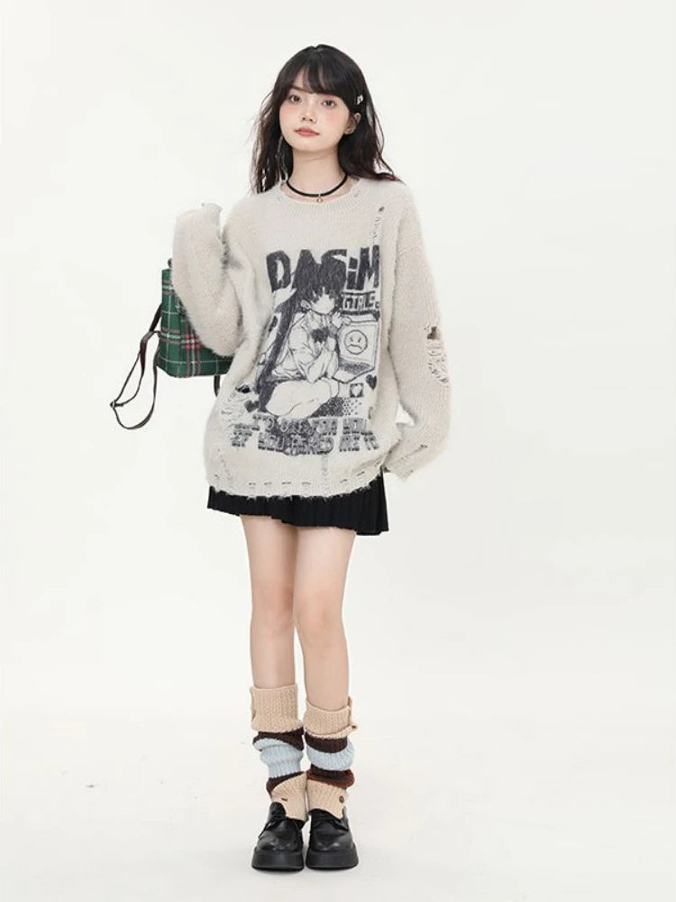 Cartoon Jacquard Japanese Grunge Sweater Women Gothic Vintage Ripped Y2k Aesthetic Jumper Streetwear Oversize Hiphop Pullover