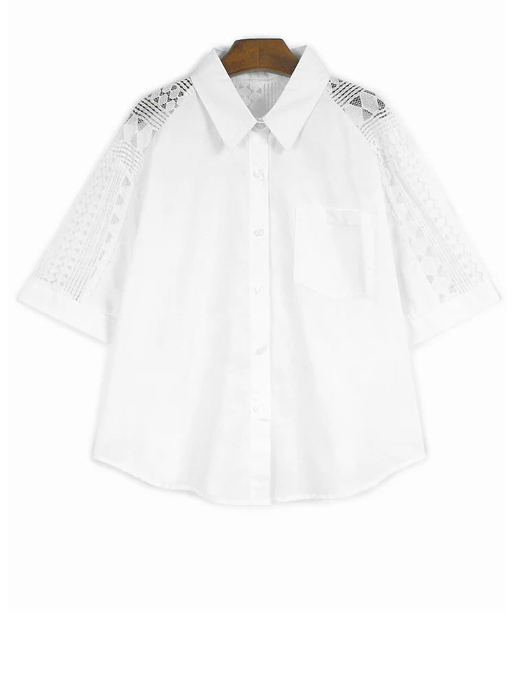 Women Black Lace Hollow Out Big Size Elegant Blouse New Lapel Half Sleeve Shirt Fashion Tide Spring Summer 2025 1DJ1110