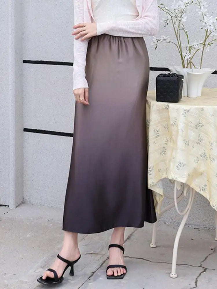 Spring Summer Gradient High Waisted Pleated Skirt Women Clothes French Vintage Elegant Vacation Party Long Skirt Streetwear Chic