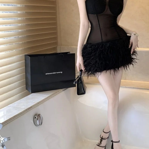 Load image into Gallery viewer, Sexy Backless Mesh Slip Dress Feathers Black Lace Bodycon Wrap Slim Sheath Mini Short Dresses Night Club Party Outfit
