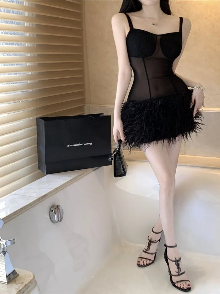 Sexy Backless Mesh Slip Dress Feathers Black Lace Bodycon Wrap Slim Sheath Mini Short Dresses Night Club Party Outfit