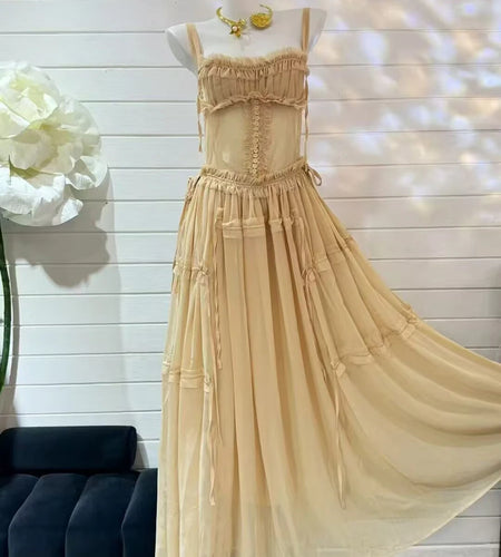 Solid Spliced Mesh Dresses For Women Square Neck Sleeveless High Waist Temperament Slinning Dress Female Fashion