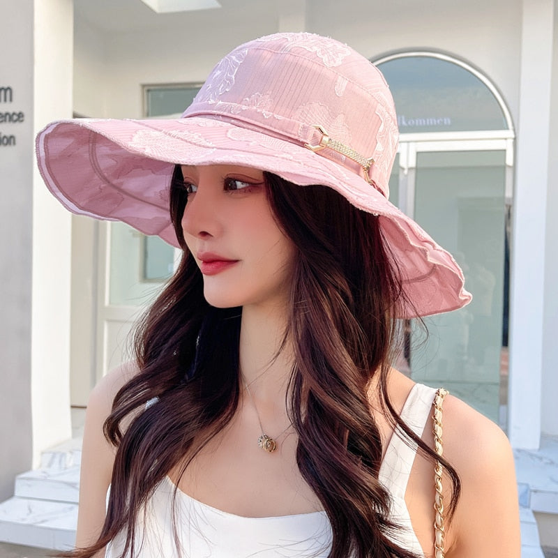 New Women's Summer Hat Fashion Silver Buckle Flower Print Design Sun Hat Travel Beach Bucket Hat