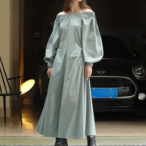 Load image into Gallery viewer, Women Black Brief Long Elegant Dress New Slash Neck Long Puff Sleeve Loose Fit Fashion Tide Spring Autumn 2025 1DF9947
