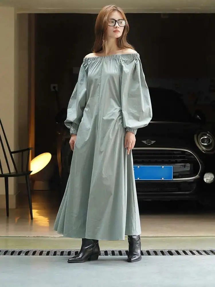 Women Black Brief Long Elegant Dress New Slash Neck Long Puff Sleeve Loose Fit Fashion Tide Spring Autumn 2025 1DF9947