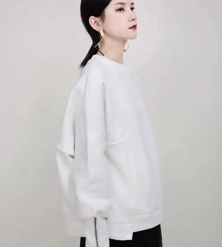 Loose Fit White Cuff Zipper Sweatshirt New Round Neck Long Sleeve Women Big Size Fashion Spring Autumn 2025 1DD5133