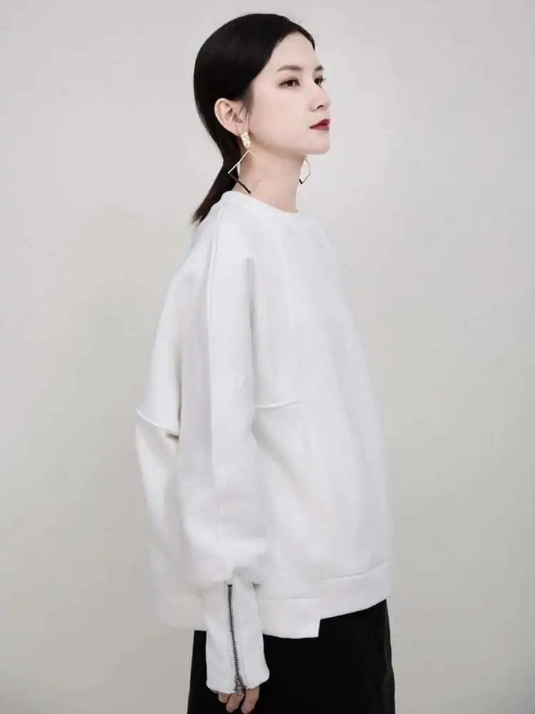 Loose Fit White Cuff Zipper Sweatshirt New Round Neck Long Sleeve Women Big Size Fashion Spring Autumn 2025 1DD5133