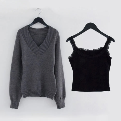 Load image into Gallery viewer, Y2k Aesthetic Two Pieces Set Women Harajuku Casual Loose Pullover Sweater + Fairy Lace Patchwork Vest Top Outfits 2025 Spring
