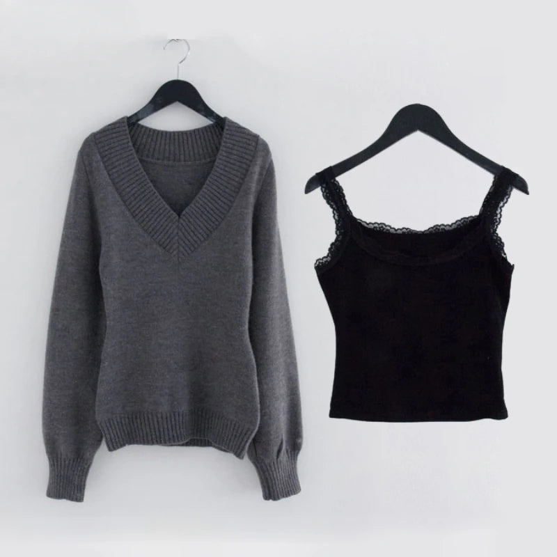 Y2k Aesthetic Two Pieces Set Women Harajuku Casual Loose Pullover Sweater + Fairy Lace Patchwork Vest Top Outfits 2025 Spring