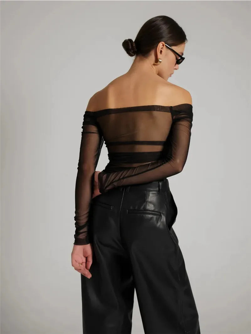 Summer Mesh Off-shoulder T-shirt Women Fashion Pleated Bust Backless Tees Tops Female Elegant Strapless See Through Top