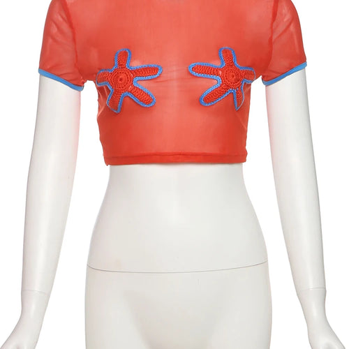 Load image into Gallery viewer, Sexy See Through Crop Tops Appliques Women Summer Beach Trend Skinny Stretch Contrast O-Neck Sexy Wild Shorts Sleeve Tees
