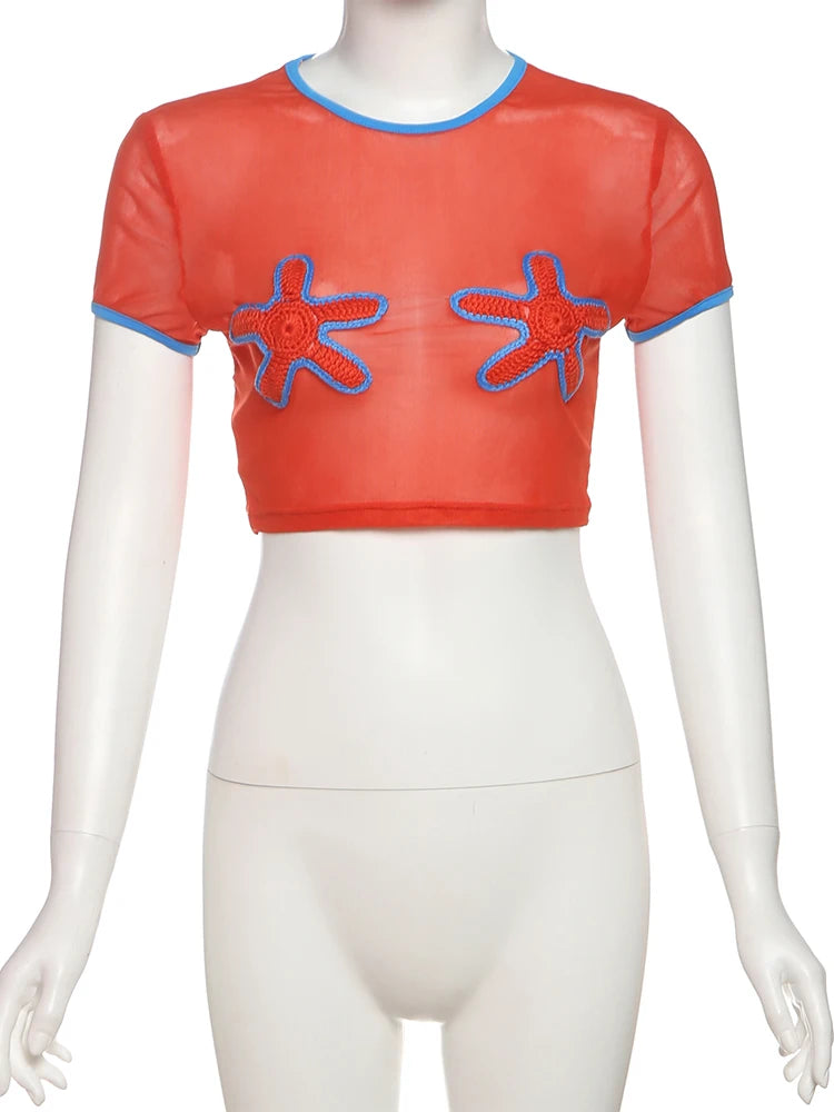 Sexy See Through Crop Tops Appliques Women Summer Beach Trend Skinny Stretch Contrast O-Neck Sexy Wild Shorts Sleeve Tees
