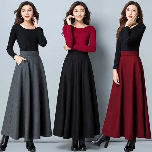 Load image into Gallery viewer, Autumn Winter Black Gray Large Size Woolen Long Skirt Women Fashion Korean Ladies Red High Waist Festival Pleated A-line Skirts
