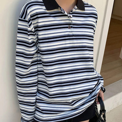 Load image into Gallery viewer, Women Green Striped Color-block Big Size Casual T-shirt New Lapel Long Sleeve Fashion Tide Spring Autumn 2025 1DJ0351
