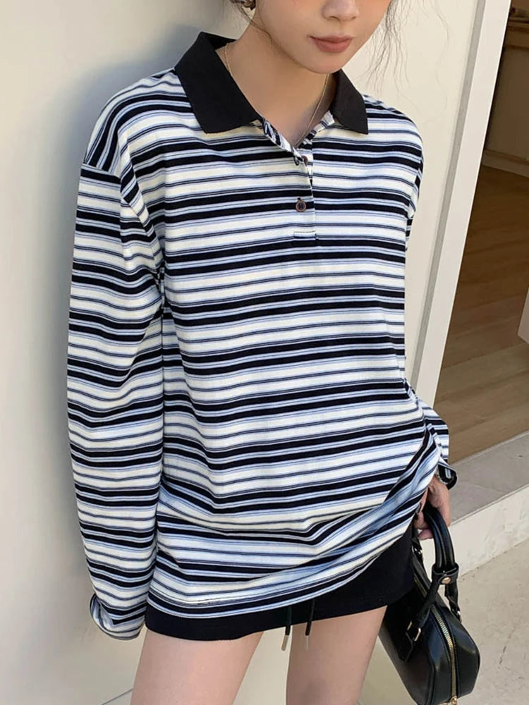 Women Green Striped Color-block Big Size Casual T-shirt New Lapel Long Sleeve Fashion Tide Spring Autumn 2025 1DJ0351