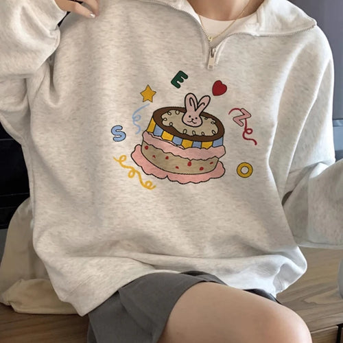 Load image into Gallery viewer, Printing Polo Neck Simple Women&#39;s Hoodies Chic Zipper Loose Casual Winter Fashion Female Sweatshirt Spell Color Pullovers
