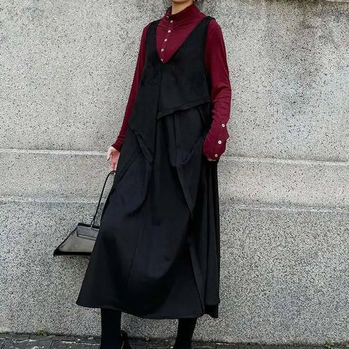 Load image into Gallery viewer, Women Black Irregular Spliced Big Size Long Strap Dress New V-Neck Sleeveless Fashion Tide Spring Autumn 2025 1DH7700
