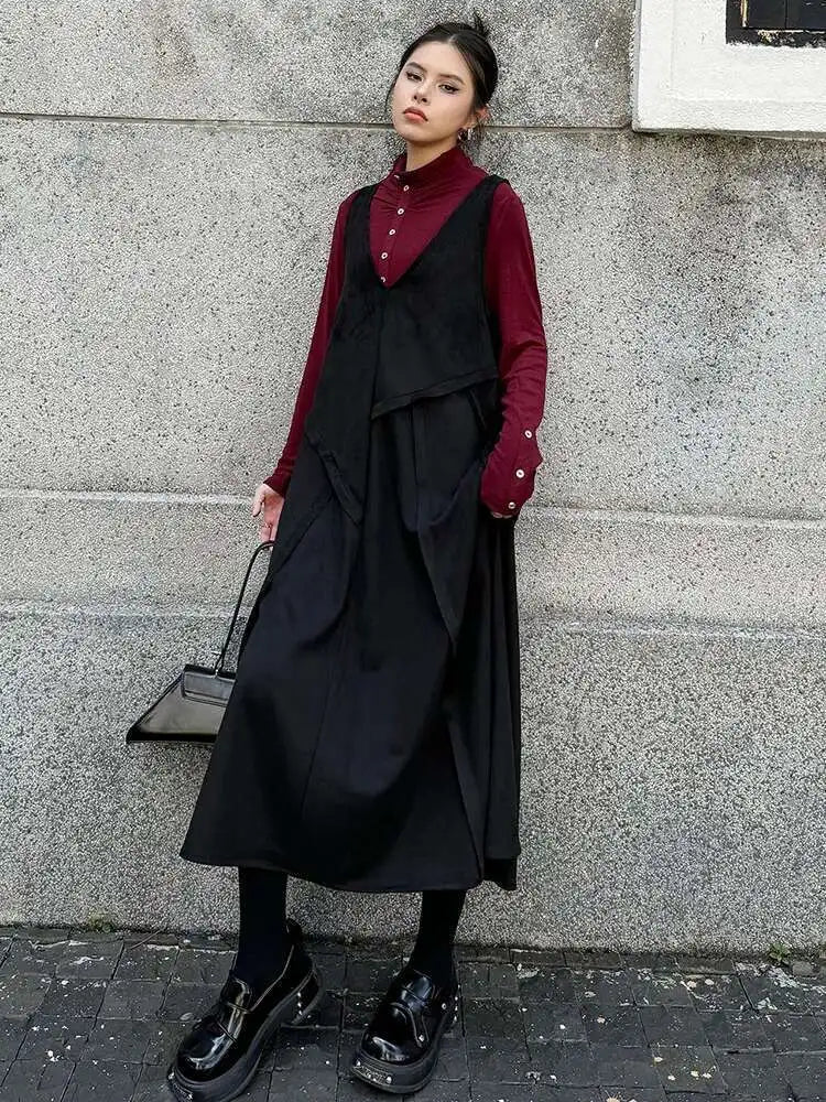 Women Black Irregular Spliced Big Size Long Strap Dress New V-Neck Sleeveless Fashion Tide Spring Autumn 2025 1DH7700