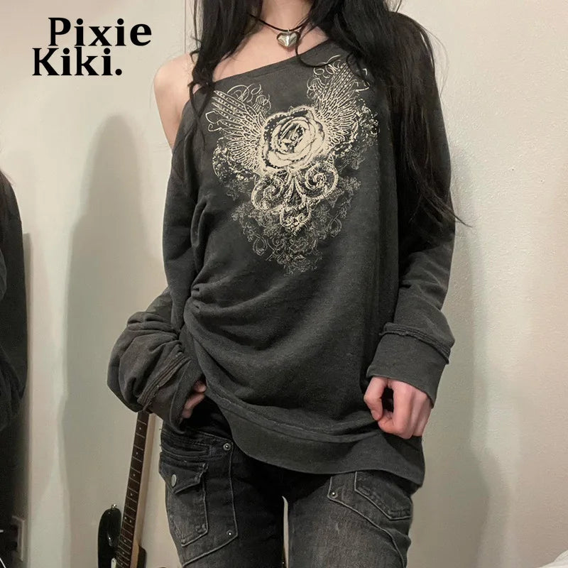 Trashy Y2k Graphic Hoodie Fairy Grunge One Shoulder Long Sleeve Top Street Fashion Pullovers Women P67-CD28