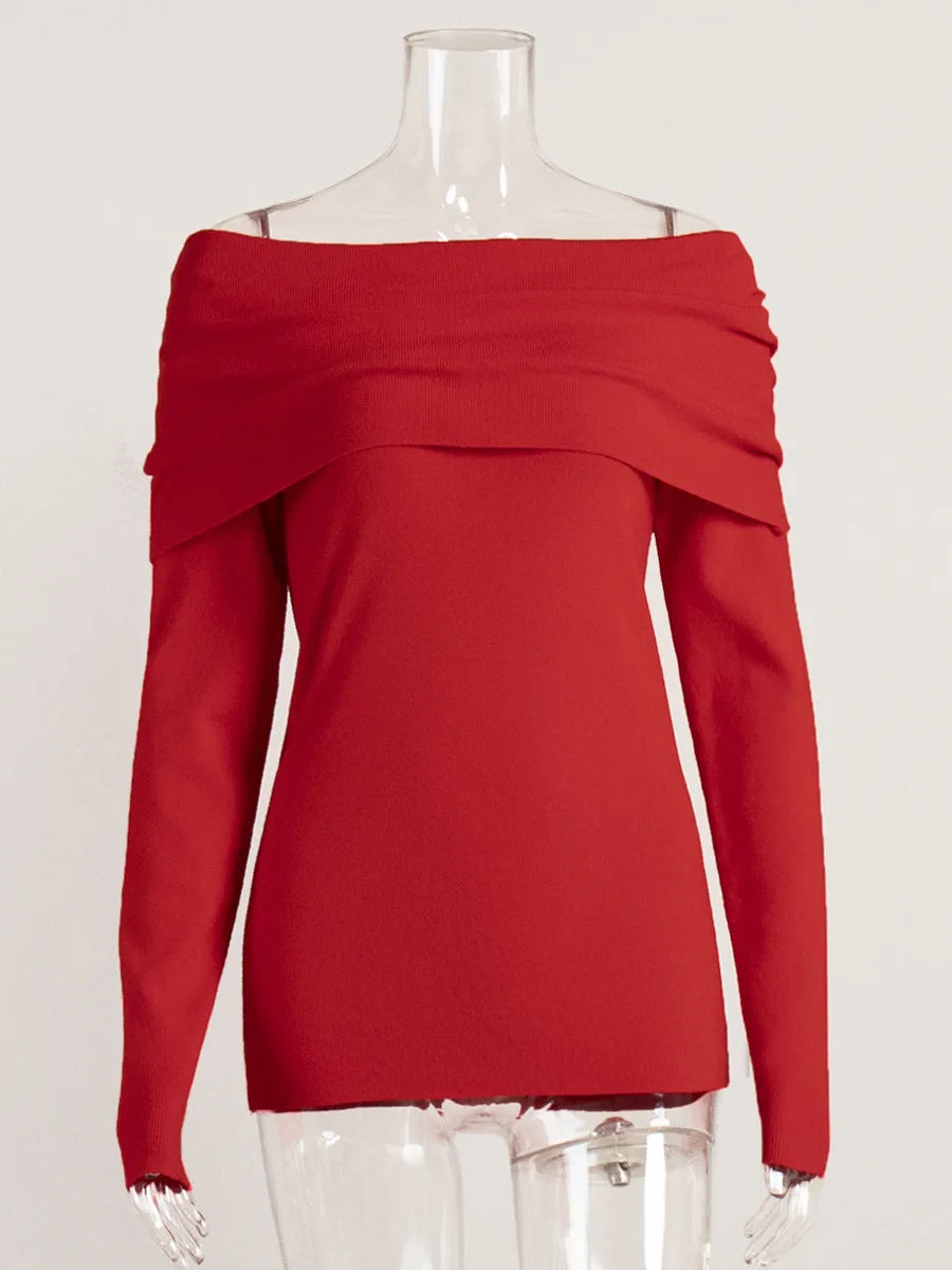 Elegant Knitted Long Sleeve Sweater High Elasticity Slim Top For Women 2025 New Winter Sexy One Shoulder Tight Sweater