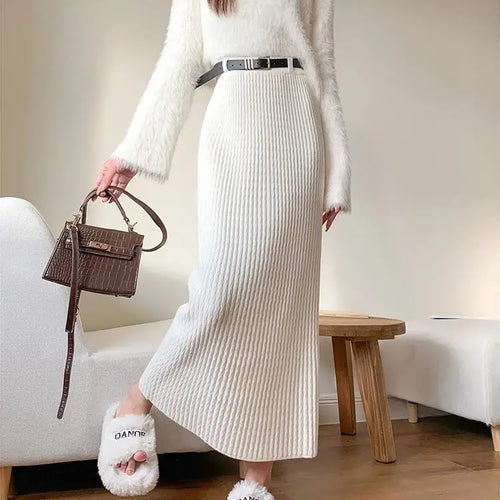 Load image into Gallery viewer, Women's Solid Elegant Office Lady Knitted Long Skirt Retro High Waist Party Wrap Hip Pleated Skirt 2024 Autumn Winter Simplicity
