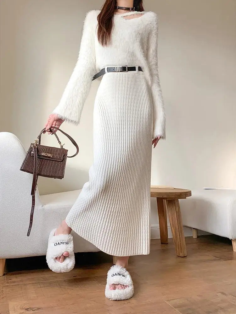 Women's Solid Elegant Office Lady Knitted Long Skirt Retro High Waist Party Wrap Hip Pleated Skirt 2024 Autumn Winter Simplicity