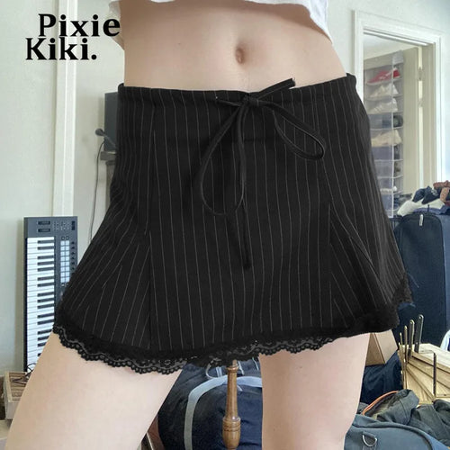 Load image into Gallery viewer, Low Rise Y2k Mini Skirts Woman Bottom Summer 2024 Cute Sexy Bow Tie Lace Trim Striped Black Skirt P84-CH10
