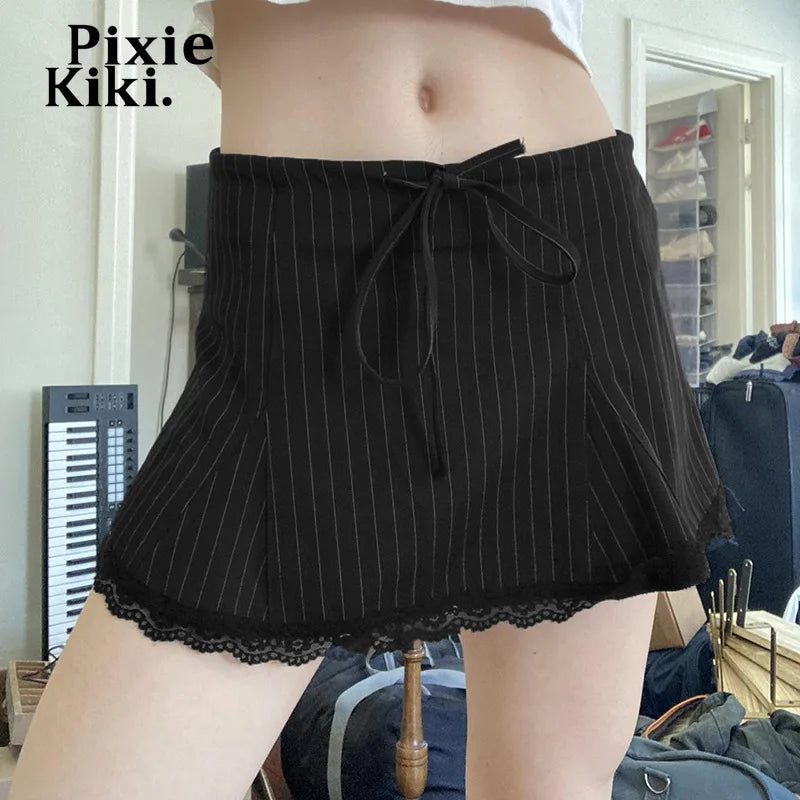 Low Rise Y2k Mini Skirts Woman Bottom Summer 2024 Cute Sexy Bow Tie Lace Trim Striped Black Skirt P84-CH10