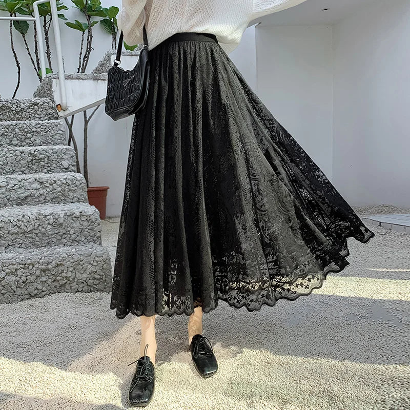 Spring Summer French Fashion Vintage Solid Lace Slim Long Skirt Women High Waist Elegant Party Pleated A-line Skirt New Clothing