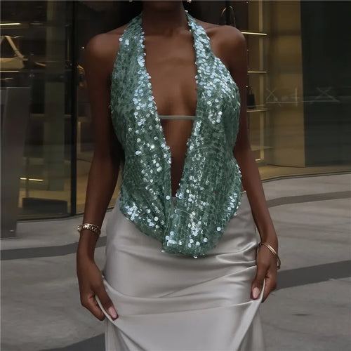 Load image into Gallery viewer, Halter Deep V Neck Sexy Crop Tops Women Sequins Beach Club Tank Tops Female Summer New Holiday Party Cropped Tops
