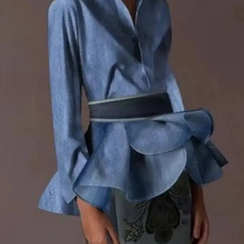 Load image into Gallery viewer, Fall Spring Women‘s Vintage Blouses 2024 Buttoned Ruffled Lapel with Belted Long Sleeves England Shirts Tops for Women
