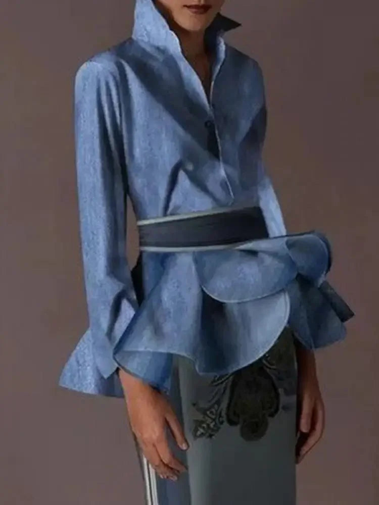 Fall Spring Women‘s Vintage Blouses 2024 Buttoned Ruffled Lapel with Belted Long Sleeves England Shirts Tops for Women