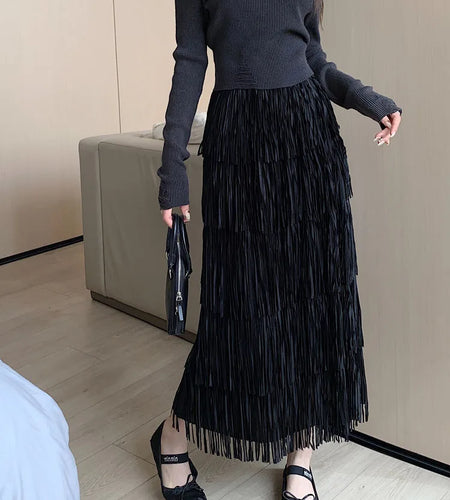 Autumn Vintage Elegant Party Wrapped Hip Cake Skirt For Women Elastic High Waist Tassel Long Skirts Female High Street Y2k Trend