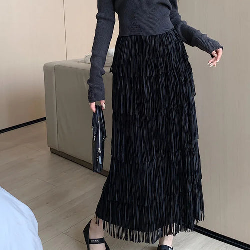 Load image into Gallery viewer, Autumn Vintage Elegant Party Wrapped Hip Cake Skirt For Women Elastic High Waist Tassel Long Skirts Female High Street Y2k Trend
