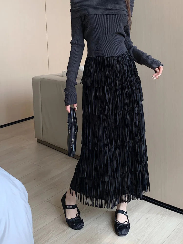 Autumn Vintage Elegant Party Wrapped Hip Cake Skirt For Women Elastic High Waist Tassel Long Skirts Female High Street Y2k Trend