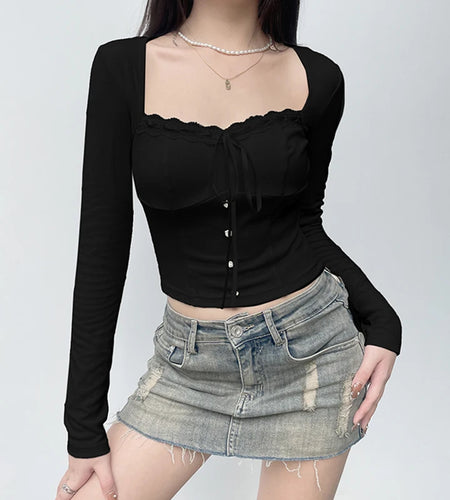 Square Neck Coquette Autumn Women T-shirts Slim Sweet Korean Style Lace Trim Crop Top Tee Chic Tie Up Buttons Clothes