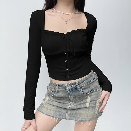 Load image into Gallery viewer, Square Neck Coquette Autumn Women T-shirts Slim Sweet Korean Style Lace Trim Crop Top Tee Chic Tie Up Buttons Clothes
