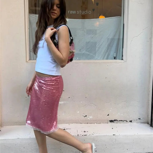 Load image into Gallery viewer, Sequin Summer Beach Sexy Skirt Women Elegant Sparkle High Waist A-line Skirts Female Pink Vacation Club Party Skirt
